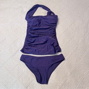 Deep Blue Ruched Halter Tankini Two Piece Swimsuit - Size Small